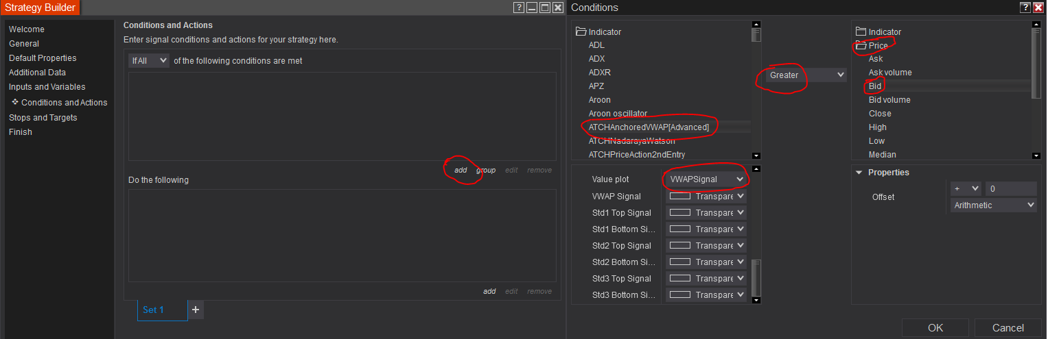 Construction d'une logique sur les plots de signaux dans Strategy Builder
