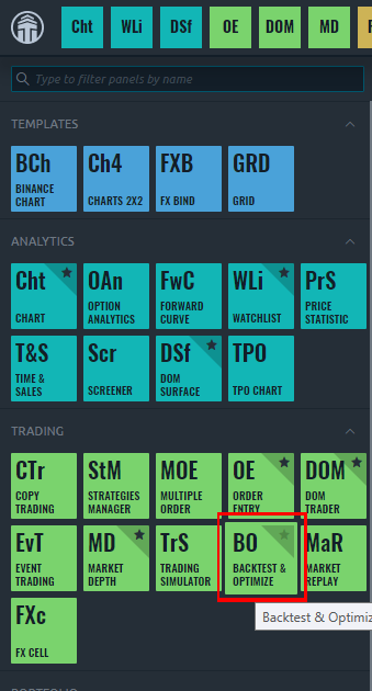 Backtest-Button in Quantower